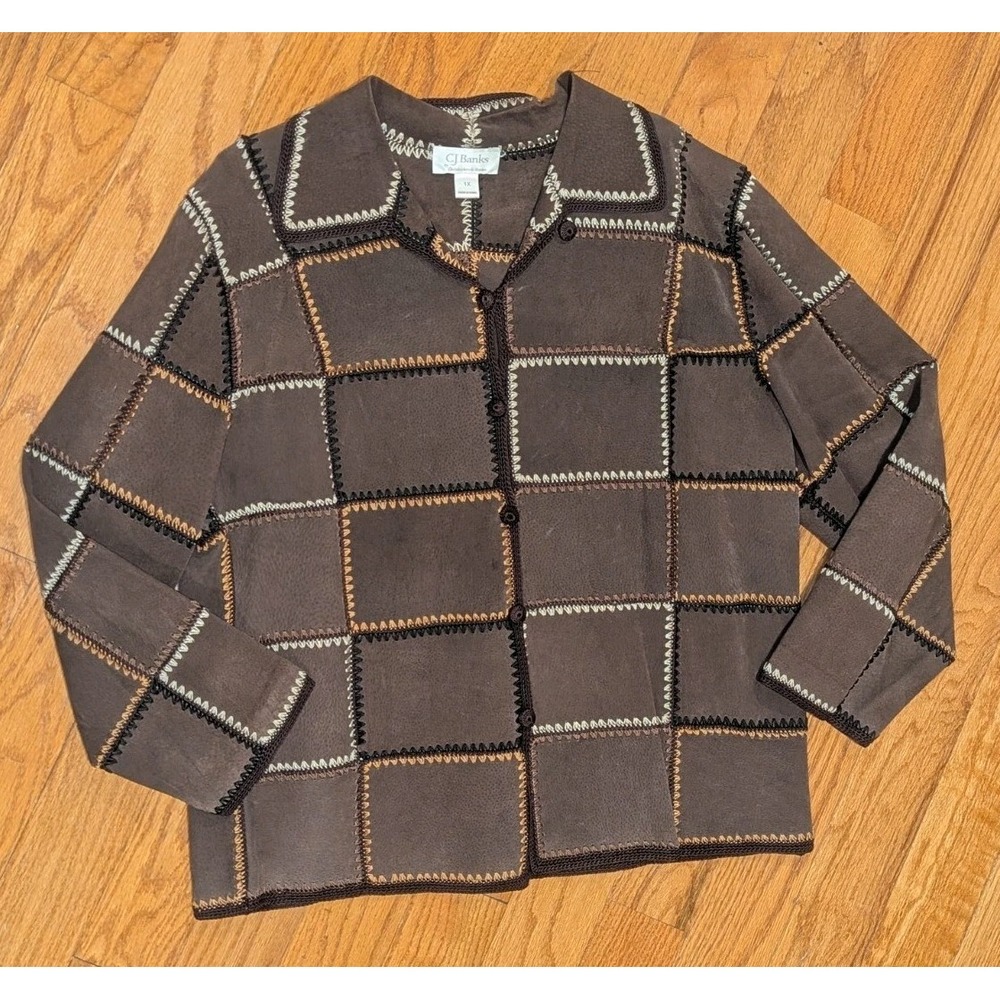 Y2K Patchwork Suede Leather Whipstitch Jacket Boho Festival Western CJ Banks 1X